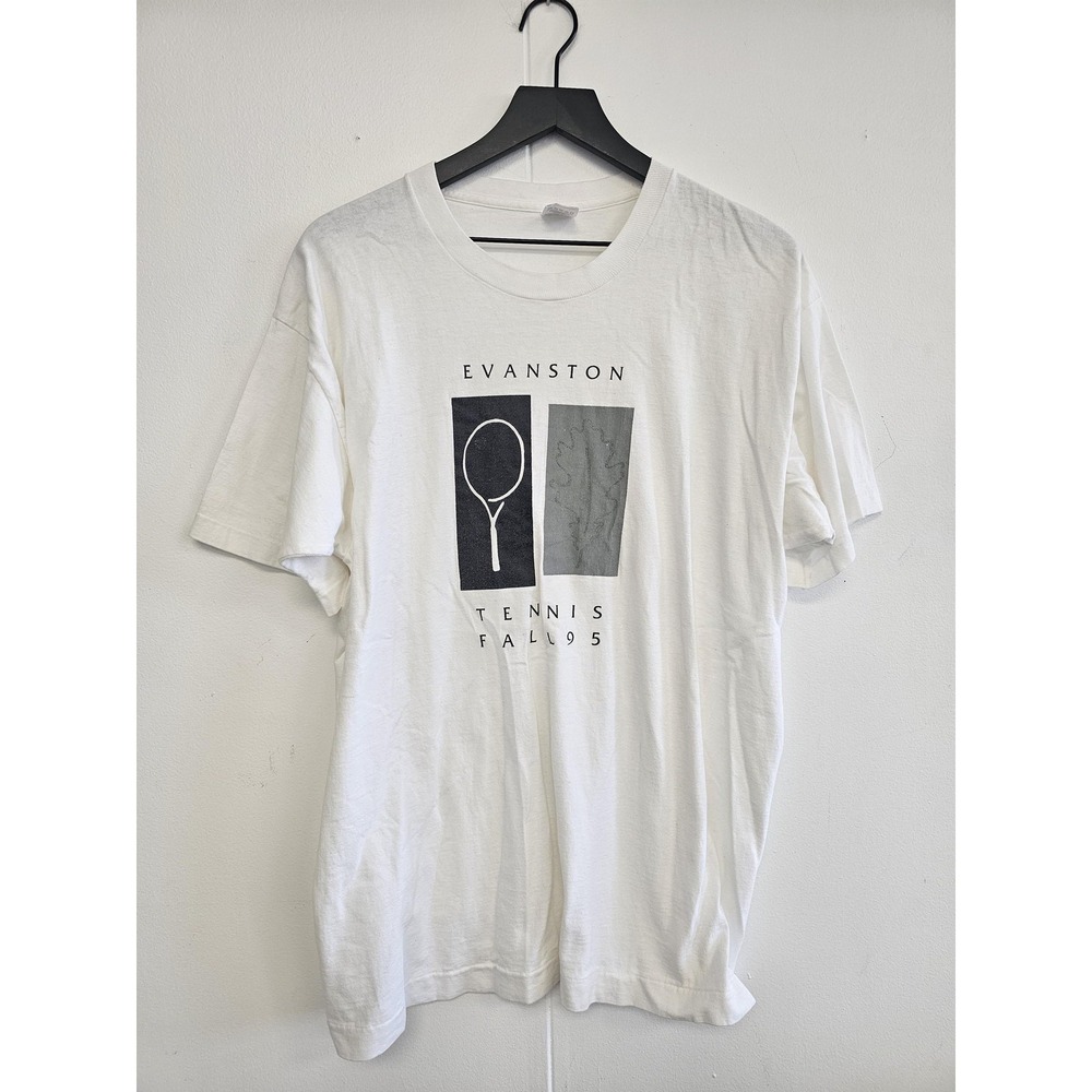 VINTAGE Evanston Tennis‎ Shirt Tee Mens Large White Graphic Made USA 1995 90s
